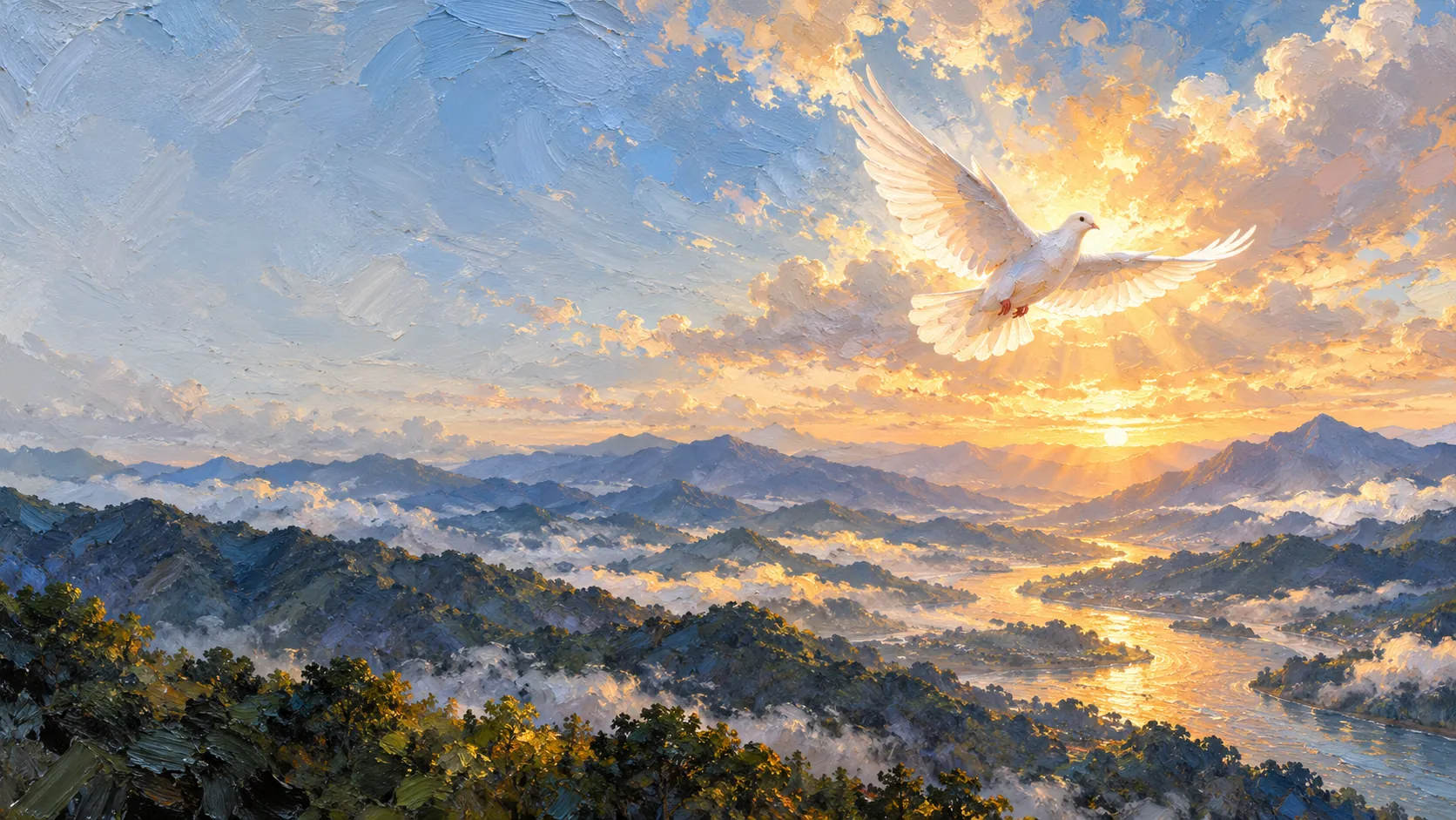 An oil painting of a white dove gliding over a mountain valley at dawn